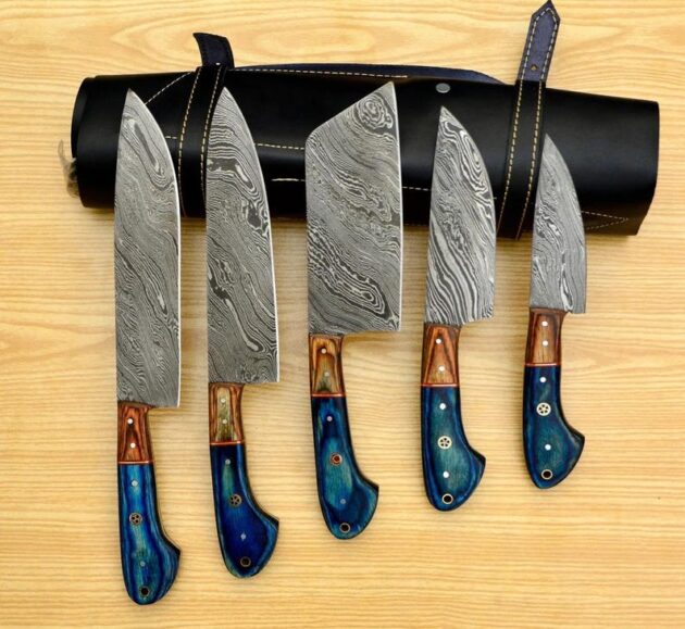 Custom Handmade Chef knives Set 5 Pcs Leather Bag Kitchen Knives Birthday Gifts Anniversary Gifts Gift for Her Him Thanksgiving Gifts